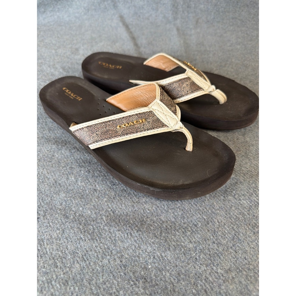 Coach Judy Flip Flop Women 8B Brown Signature Monogram Thong Sandals A7826